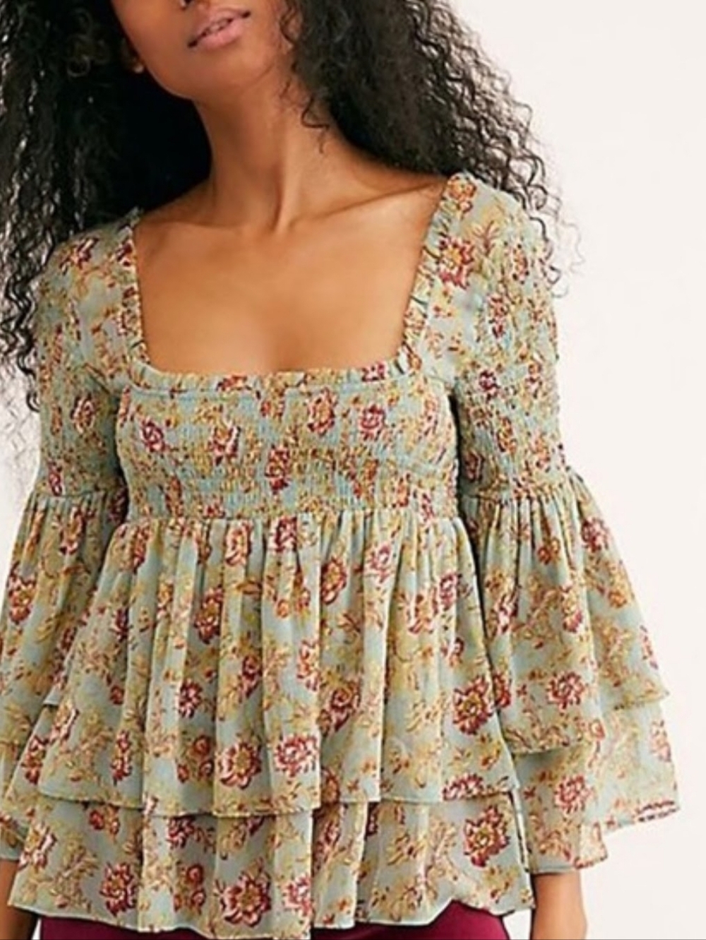 Free People Golden Age Smocked Floral Tiered Boho Blouse Top Small